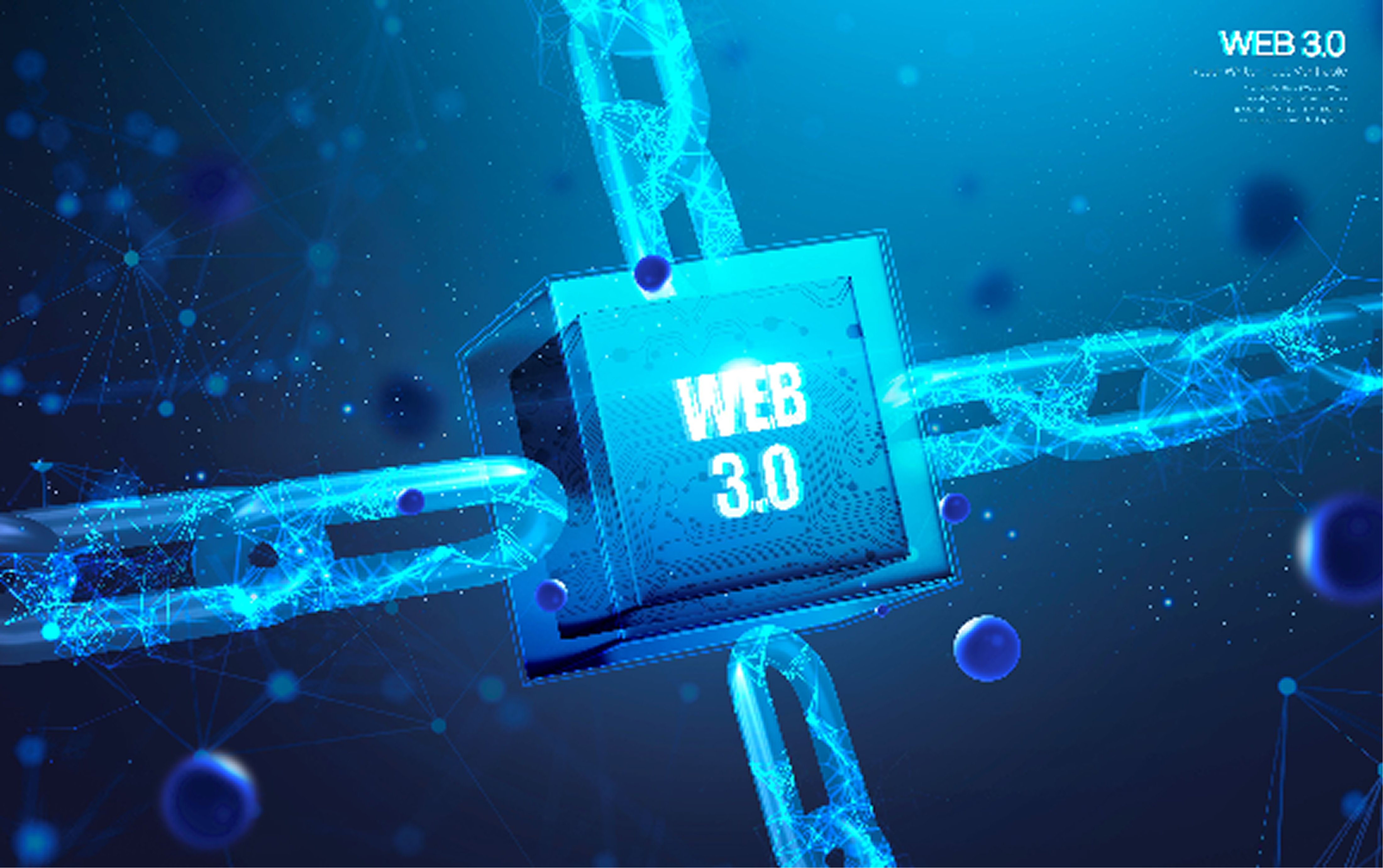 ブロックチェーンネットワークの中心に位置する「WEB 3.0」を象徴するデジタルコンセプトイメージ